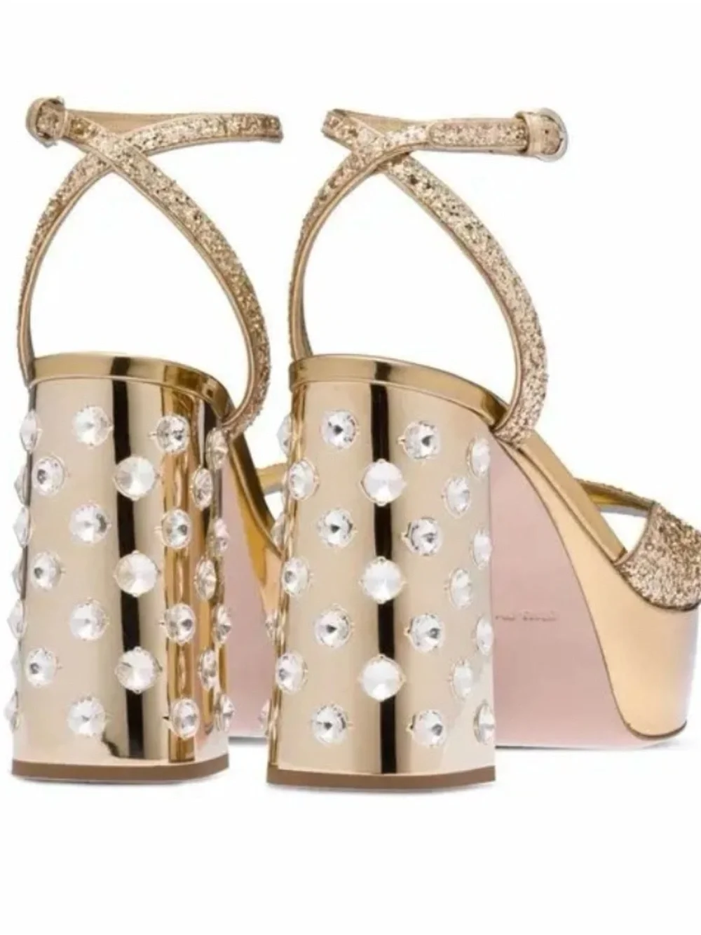Miu Miu Gold Glitter Platform Ankle-Strap Sandals